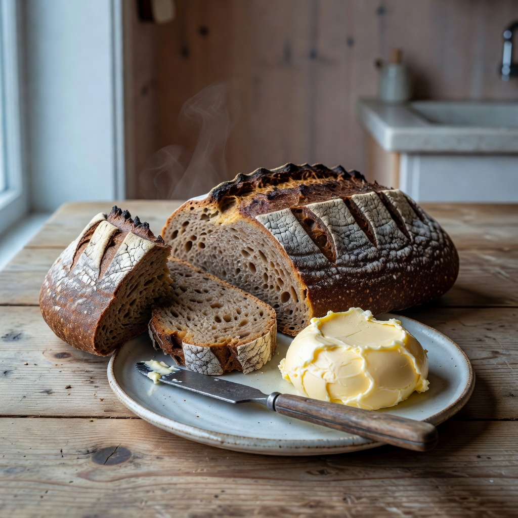 Artisanal sourdough rye bread and regional Scandinavian butter