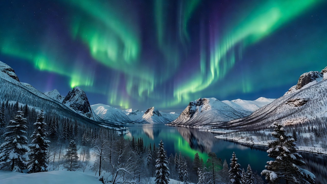 Aurora borealis illuminating the dark night skies above Norwegian wilderness
