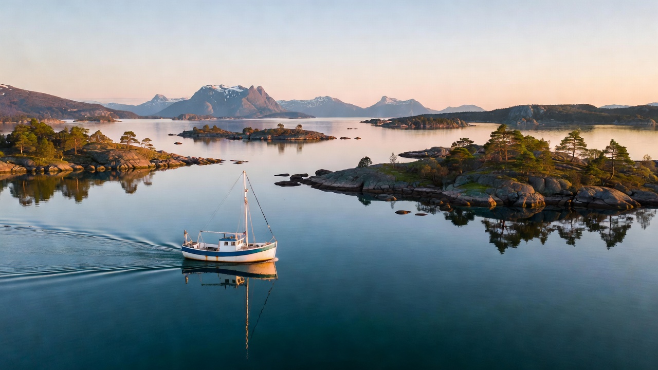 Boat navigating peaceful Norwegian coastal waters and island archipelago