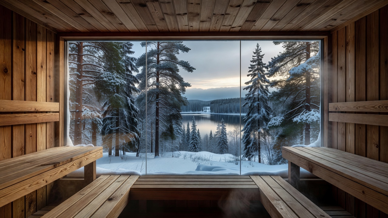 Cedar wood sauna looking outward through expansive glass