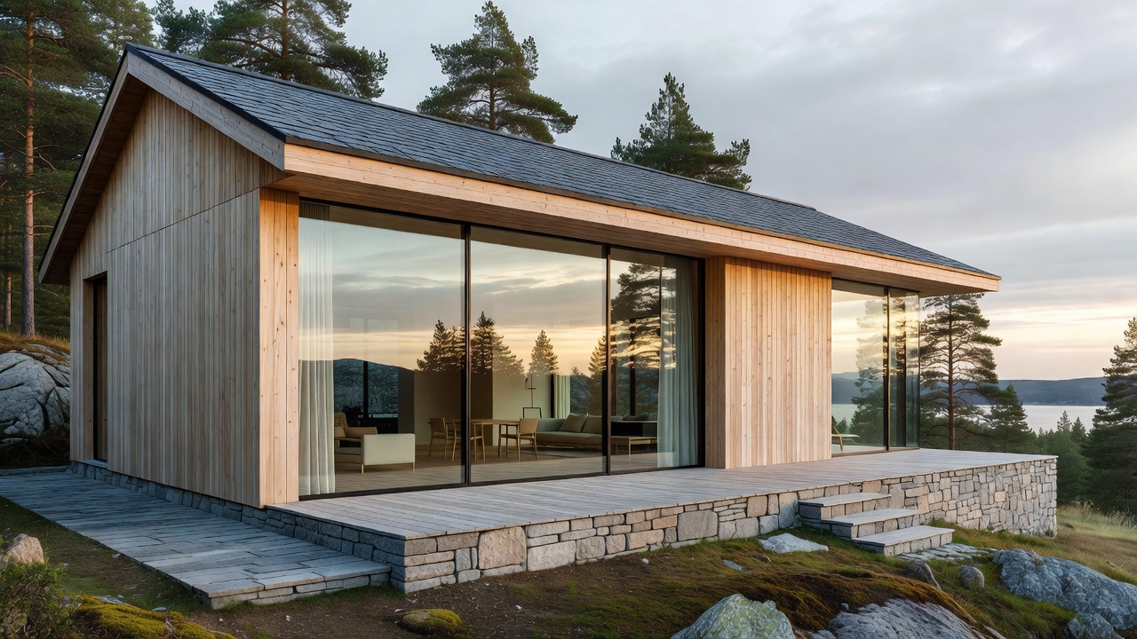 Contemporary Nordic architecture with natural wood, slate, and expansive glass panels