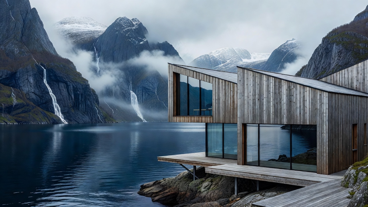 Contemporary Nordic wooden hotel architecture set amidst dramatic Norwegian fjord landscape