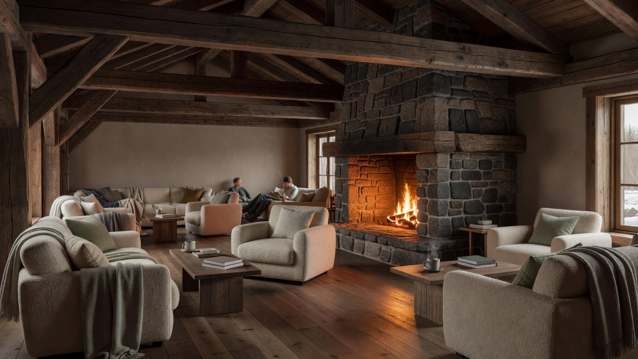 Cozy Nordic hotel lounge with open stone fireplace, wooden rafters, and soft lighting
