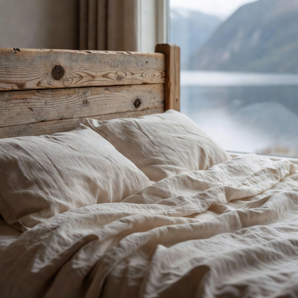 Detail of wooden bedhead and soft linen in Fjord View Room