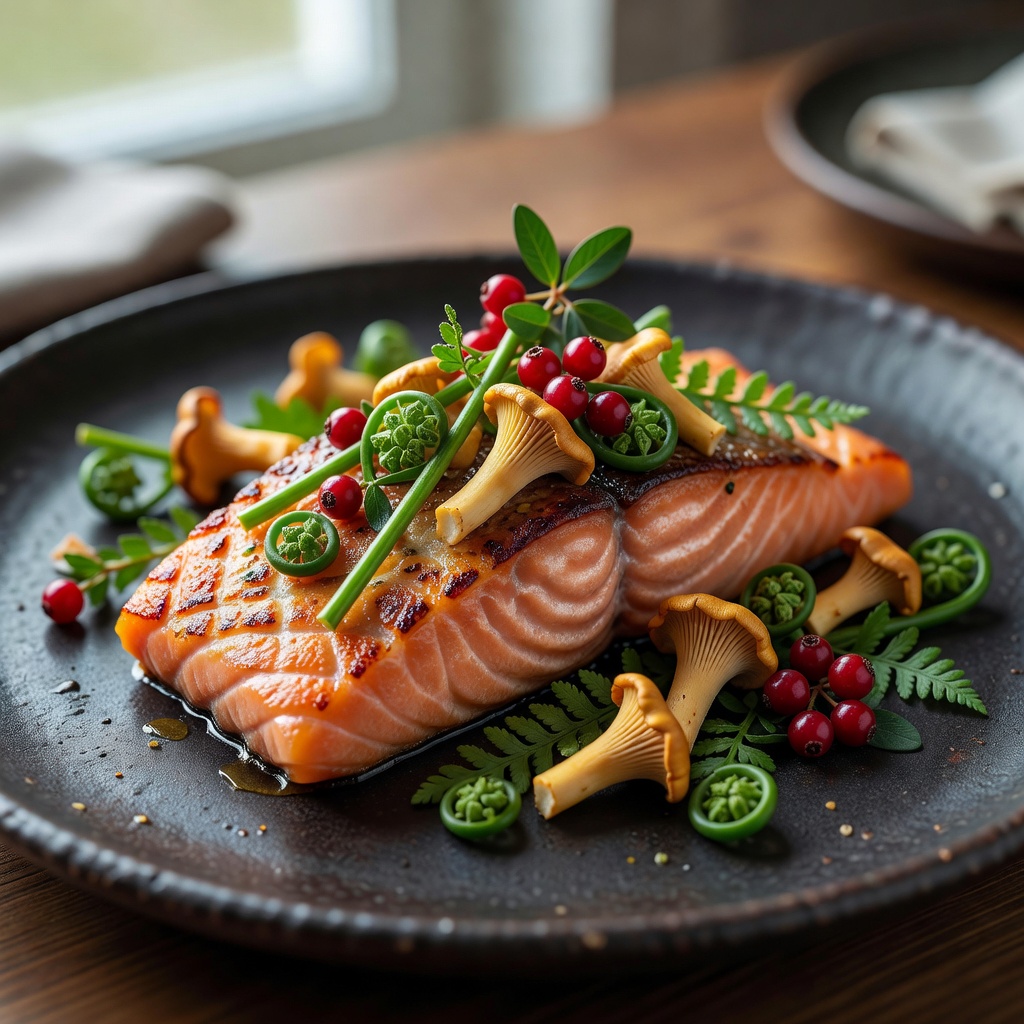 Elegantly prepared fresh Norwegian salmon with wild forest garnish