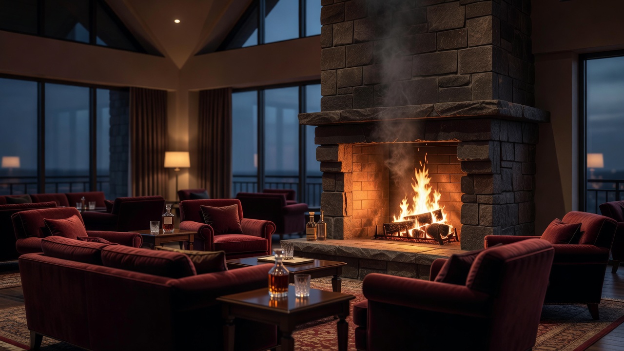 Evening hotel lounge atmosphere with burning fireplace