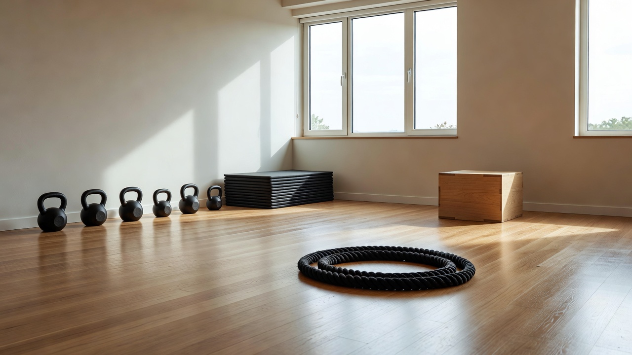 Fitness room with natural light, wooden flooring, and functional movement gear