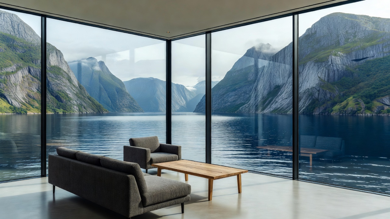 Fjord View Room interior featuring floor-to-ceiling glass looking out onto Norwegian fjord waters