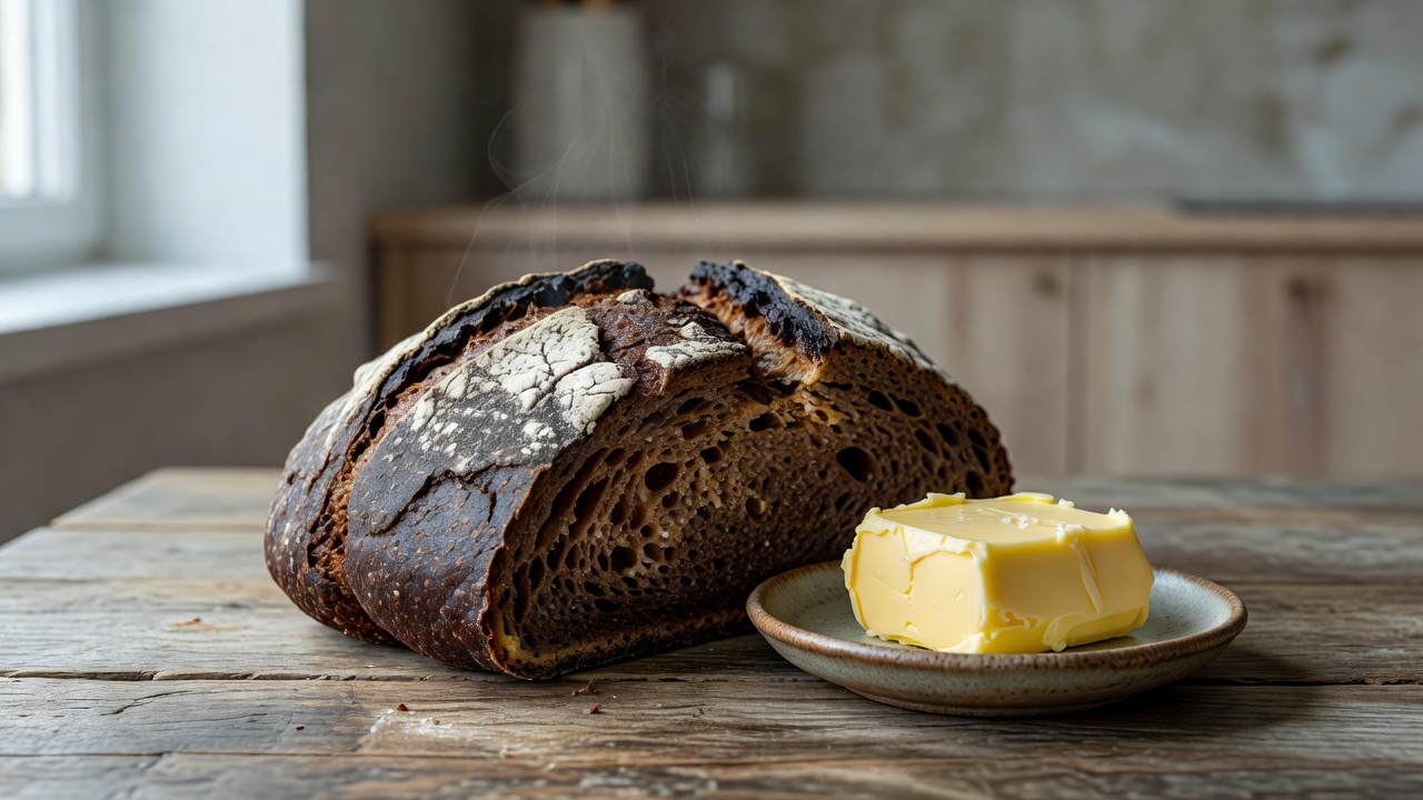 Freshly baked dark Nordic sourdough bread with organic Scandinavian butter