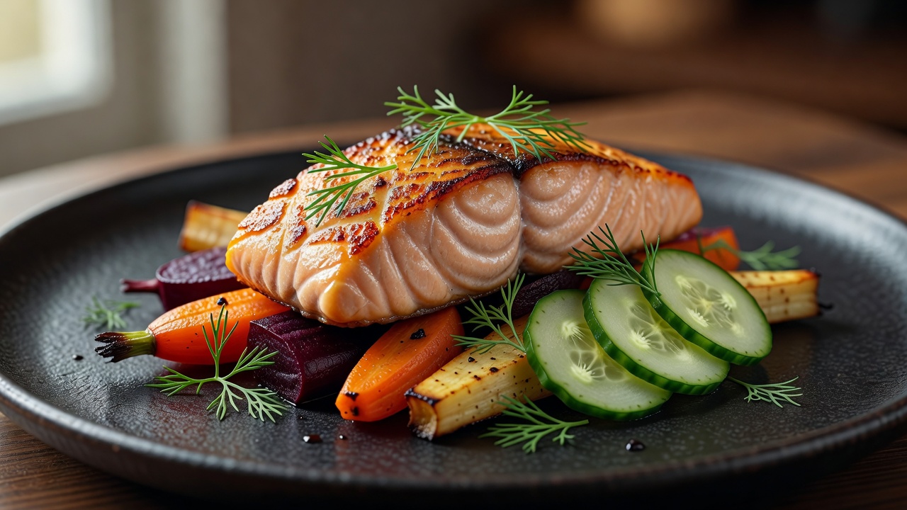 Gourmet Norwegian salmon plated with dill, cucumbers, and roasted root vegetables