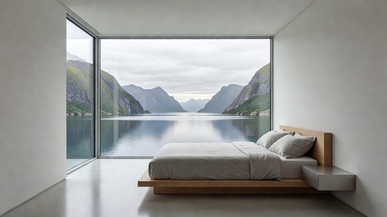 Fjord View Room with panoramic window overlooking calm Norwegian waters