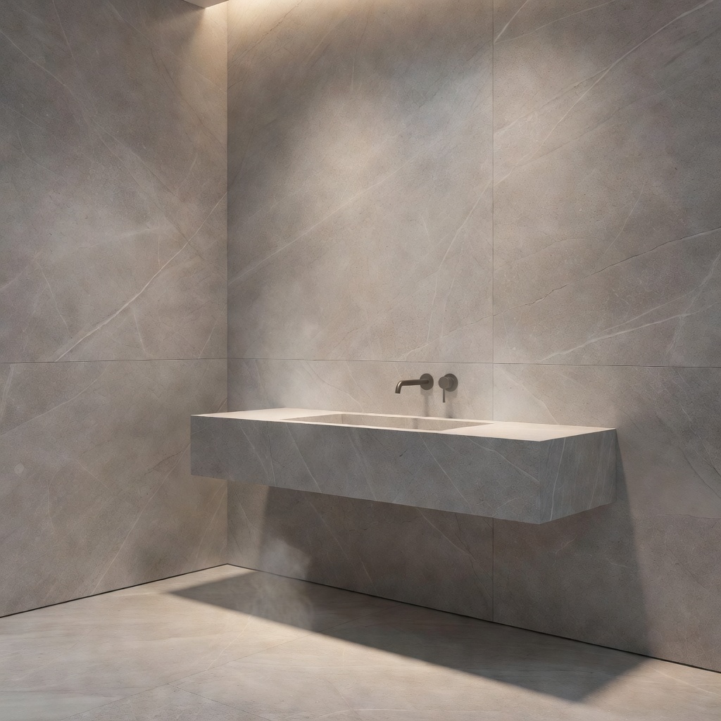 Heated stone bathroom interior with minimalist sink