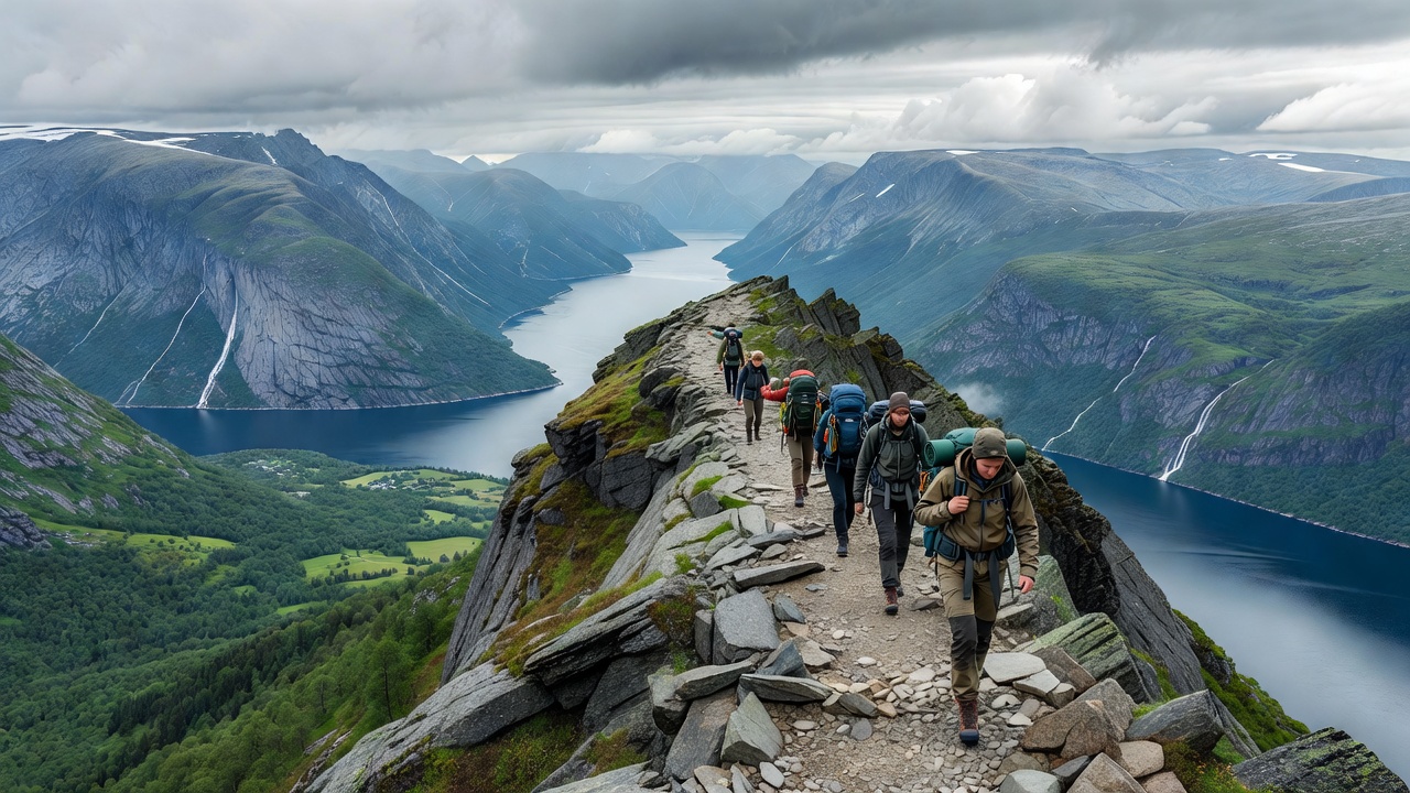Peaceful mountain trail in Norway overlooking vast valleys and peaks
