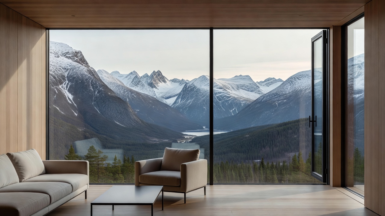 Mountain View Suite with large windows opening to Norwegian mountain ranges