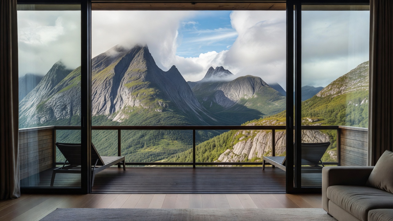 Mountain View Suite with private balcony overlooking the Norwegian mountain peaks of Trøndelag