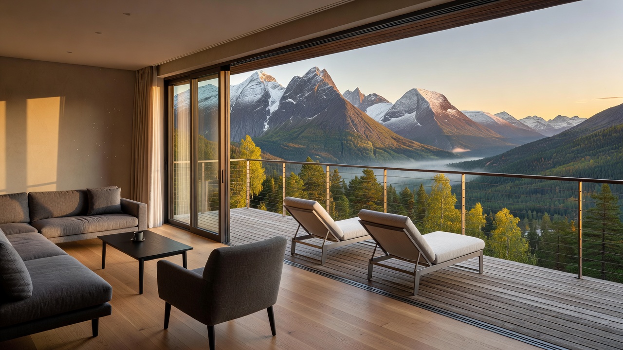 Mountain View Suite with private balcony overlooking Trøndelag peaks
