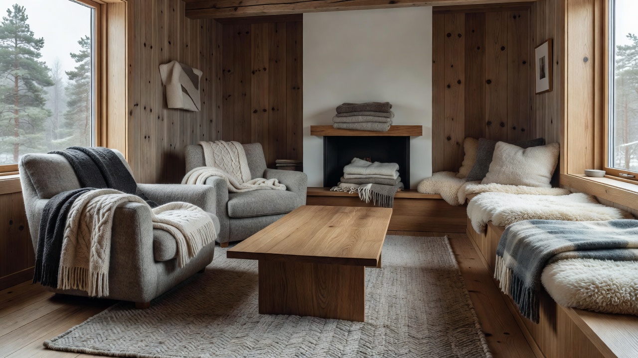 Nordic Comfort Room decorated with Scandinavian wool textiles and oak wood surfaces