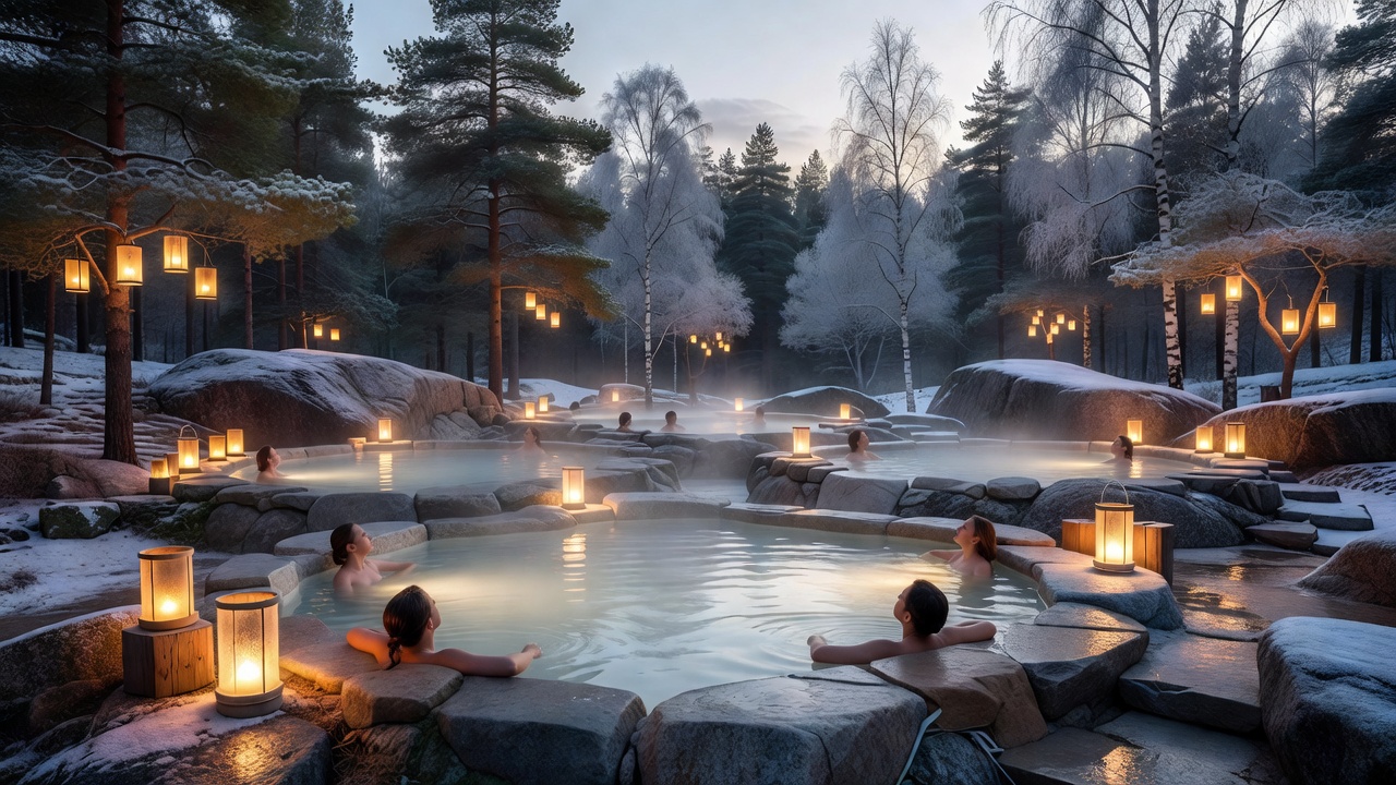 Nordic Spa mineral relaxation baths and soft ambient lighting