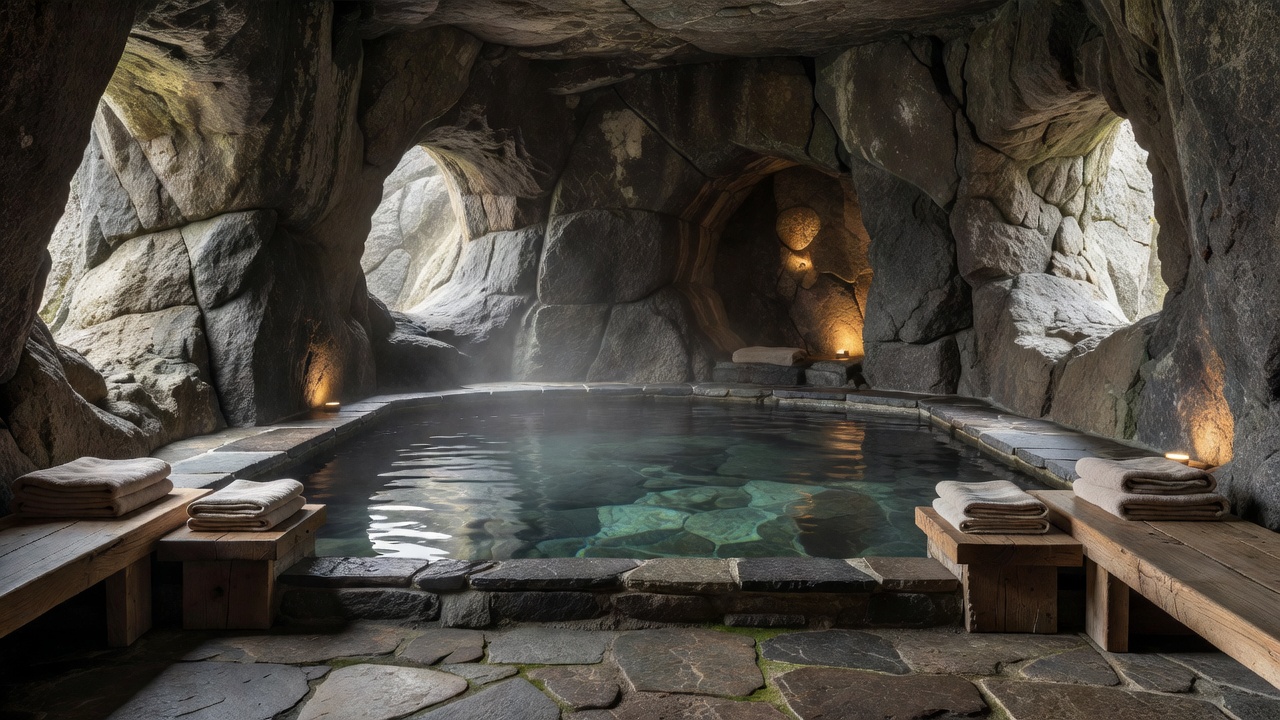 Nordic Spa treatment space with natural mineral water and muted stone lighting