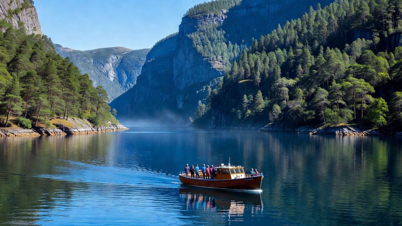 Dramatic Norwegian fjord waters surrounded by steep cliffs and pine forests
