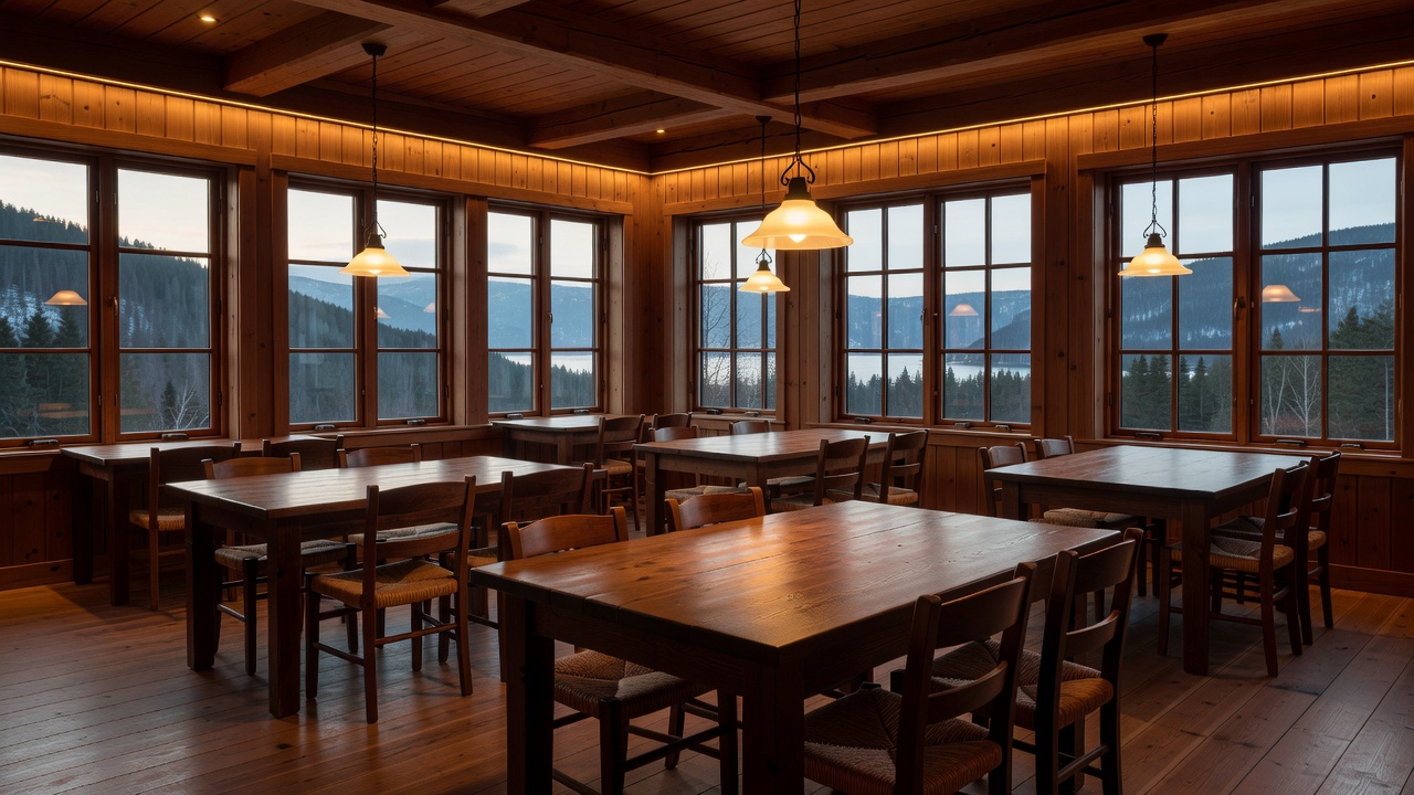 Norwegian hotel dining room with warm ambient lighting and wooden tables
