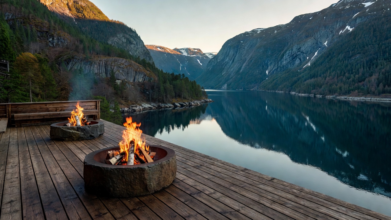 Outdoor wooden deck terrace with fire pits overlooking Norwegian fjord waters and mountain slopes