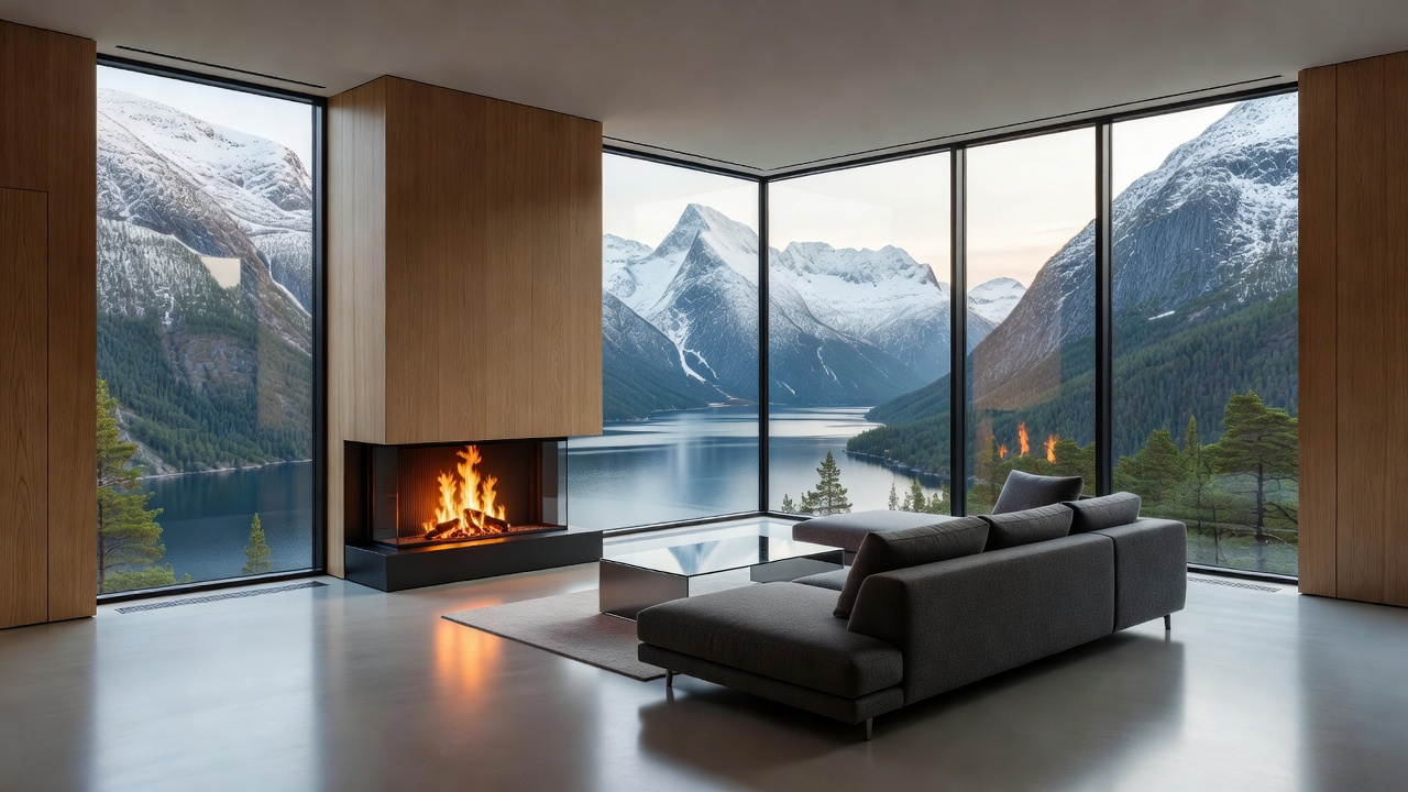 Premium Panorama Suite with sweeping views of the Norwegian landscape and modern fireplace
