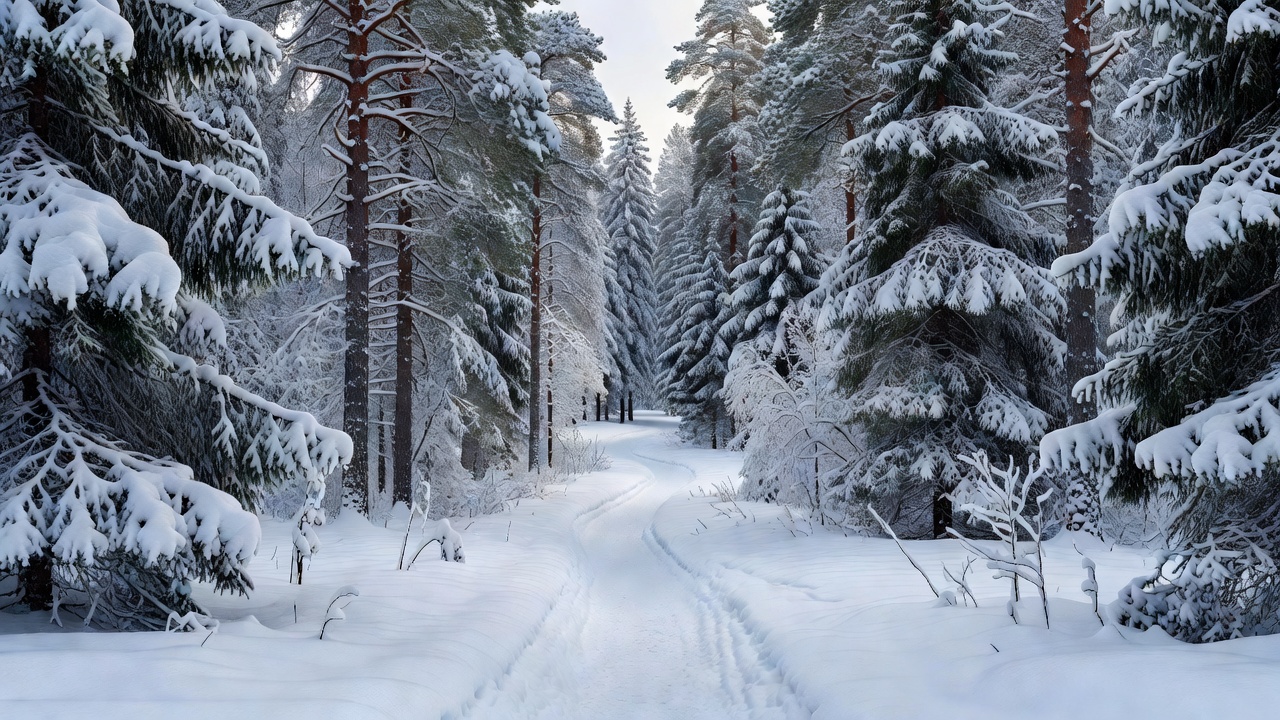 Pristine snowy winter trail through Norwegian spruce pine forest