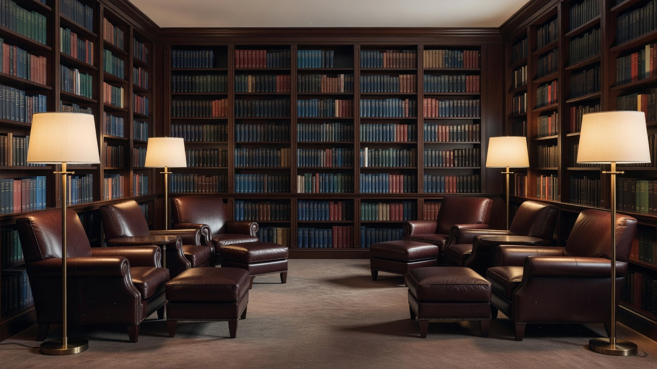 Quiet hotel library with curated literature, armchairs, and floor lamps