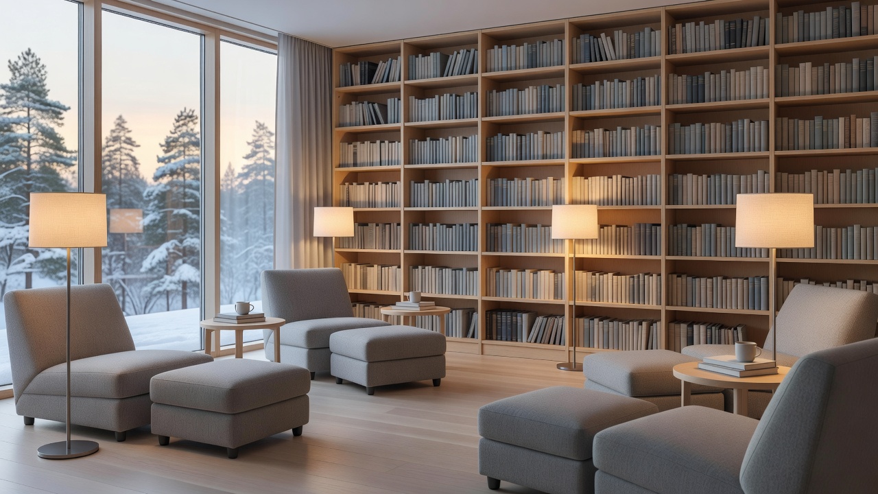 Quiet Scandinavian hotel library with bookshelves, floor lamps, and reading chairs