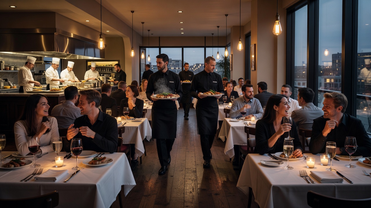 Restaurant dining area during evening service