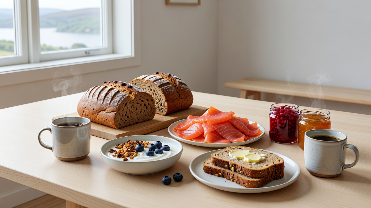 Scandinavian breakfast table with fresh rye breads, smoked salmon, and fresh preserves