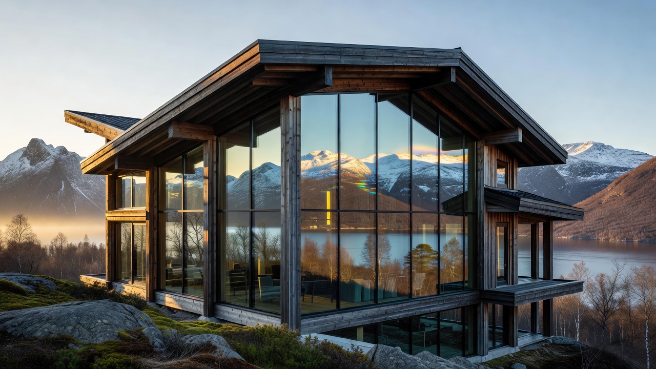 Scandinavian timber and glass hotel architecture in Norwegian nature