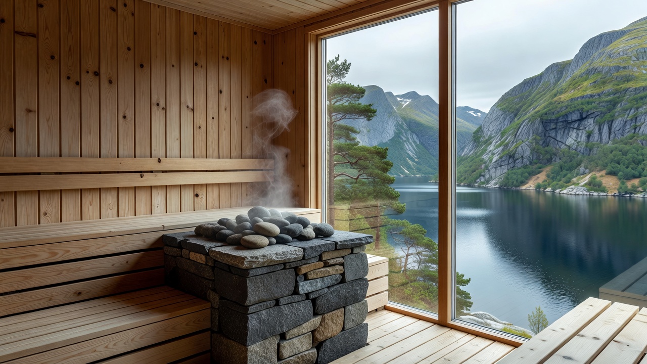 Scandinavian wood sauna with stone heater and glass view onto Norwegian scenery