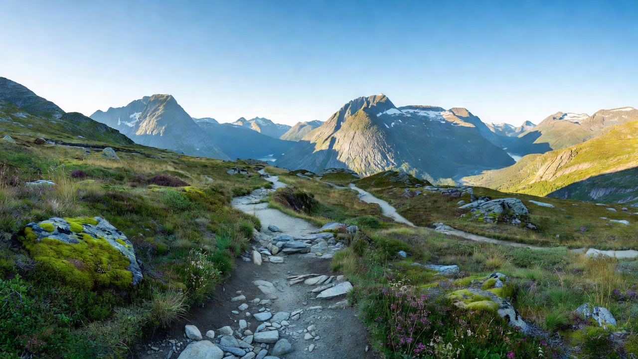 Scenic mountain walk in Norway with clear paths leading toward panoramic views