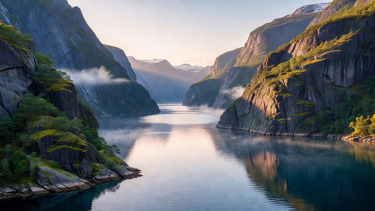 Scenic Norwegian fjord waters framed by rocky cliffs and morning light
