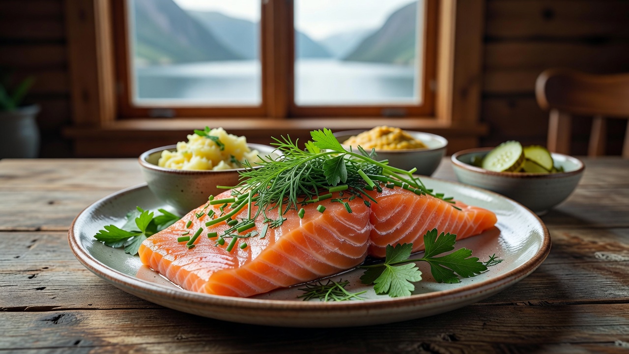 Seasonal Norwegian dish with fresh salmon and garden herbs