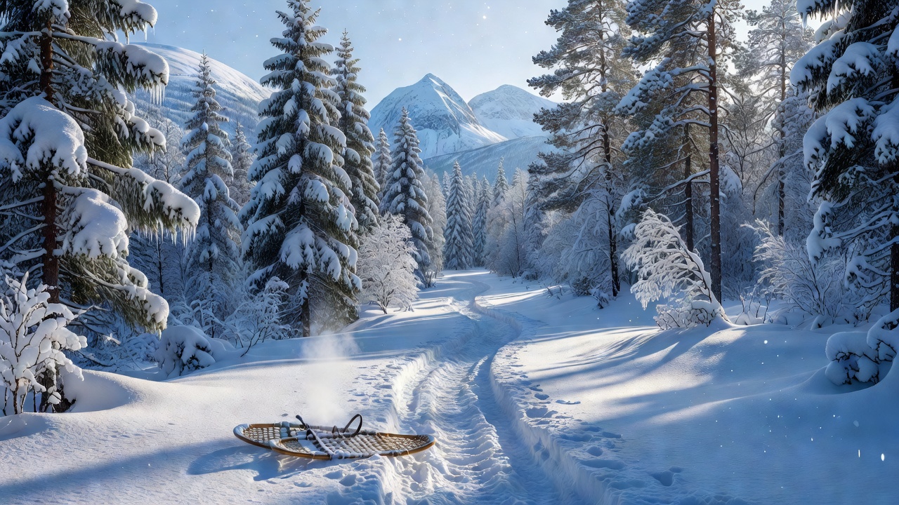 Snowy winter forest trail in Norway with snowshoes and crisp mountain air