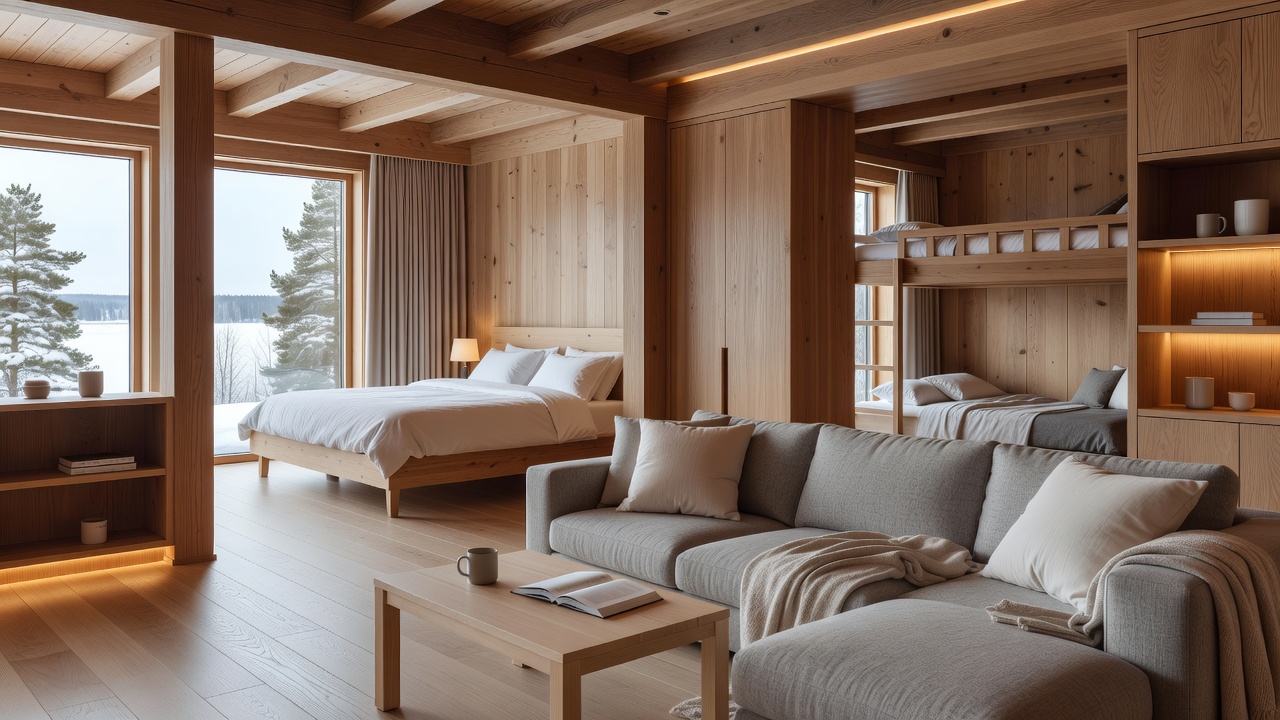 Spacious Scandinavian Family Suite with interconnected bedrooms and warm wooden decor