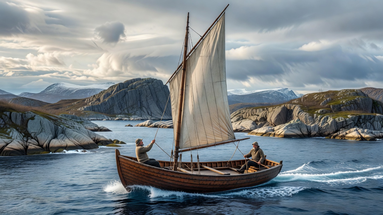 Traditional boat sailing through coastal Norwegian archipelago