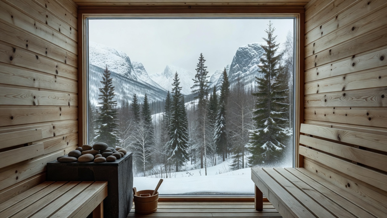 Traditional wood-lined Scandinavian sauna with glass view out to Norwegian nature