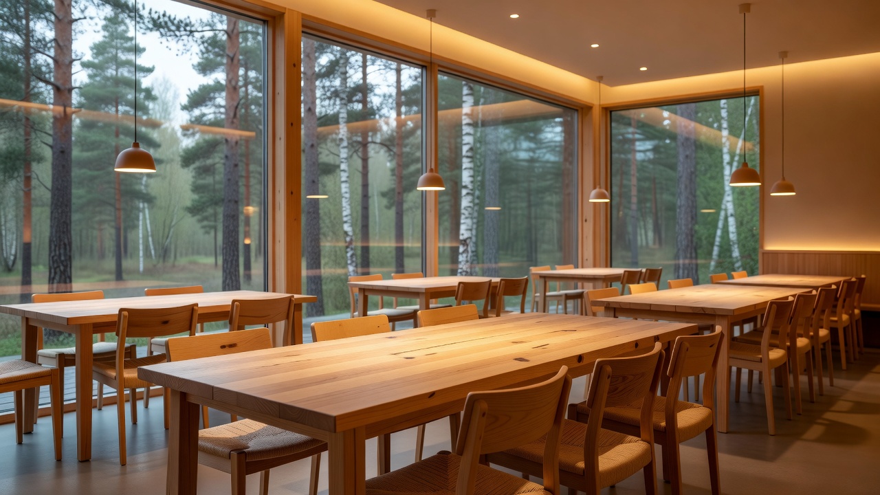 Warmly lit Scandinavian hotel restaurant with wood tables and glass view of the trees